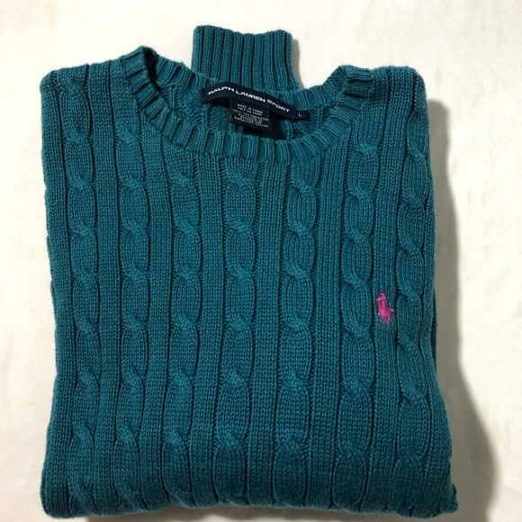 Ralph Lauren sport teal cable knit sweater pink pony womens L vintage preppy - Picture 9 of 9